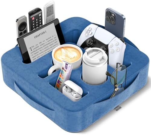 Couch Cup Holder Pillow, Sofa and Bed Caddy for iPad, Kindle, Switch, Game Controller, Remotes, Phones, Small-Sized Cup and Drink Holder for Couch, Bed, Desk, Car, Beach, Bathroom Cup Holder, Blue by Unknown