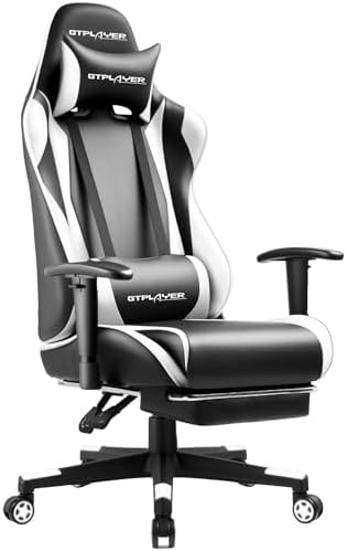 GTPLAYER Gaming Chair with Footrest, Ergonomic Computer Game Desk Chair, Reclining Game Chair Seat Height Adjustment, Swivel Rocker with Headrest and Lumbar (White) by GTPLAYER