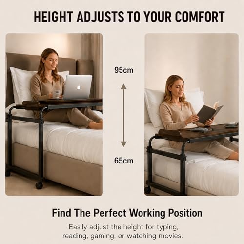 Over Bed Table with Wheels, Width & Height Adjustable, Rolling Over the Bed Desk with Cup Holder & Raised Baffle, Mobile Laptop Desk for King Queen Size Beds, Home Office, Bedroom Hospital Workstation - Image 3