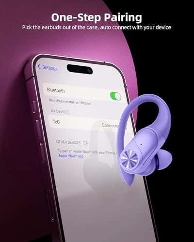PocBuds Bluetooth Headphones Wireless Earbuds 80hrs Playtime Wireless Charging Case Digital Display Sports Ear buds with Earhook Deep Bass IPX7 Waterproof Over-Ear Earphones for TV Phone Laptop Purple - Image 4