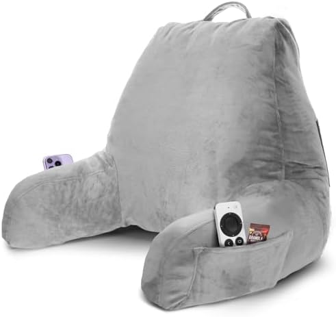 Nestl Reading Pillow for Bed, Back Pillow for Sitting Up in Bed, Light Grey | 18” Backrest Pillow with Arms, Adjustable Support, Shredded Memory Foam Fill, OEKO-TEX, College Dorm Essentials for Adults by Nestl