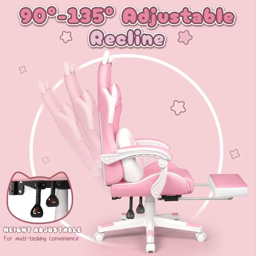 PUKAMI Pink Gaming Chair Cute with Cat Ears and Cat Paw Lumbar Cushion, Ergonomic Computer Chair for Girl with Footrest and Headrest, Comfortable Reclining PC Game Chair for Adult, Teen (Pink) - Image 7
