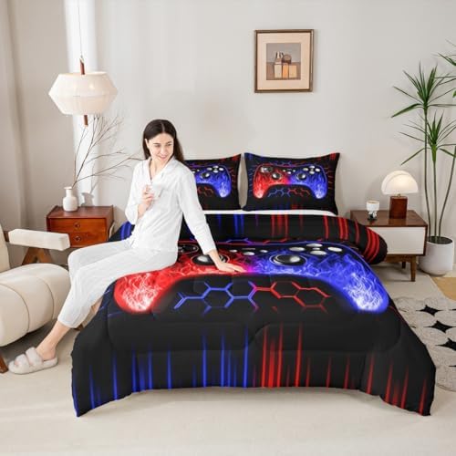 Erosebridal Honeycomb Gamer Kids Comforter Set Red Blue Neon Lights Game Consoles King Bedding Set Ombre Art Geometry Hexagon Beehive Duvet Set Gaming Decor for Boys Bedroom Decor - Image 5