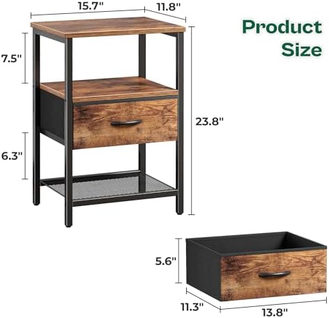 Huuger Nightstand Set of 2, Night Stand with Fabric Drawer, Mesh Shelf - Image 3