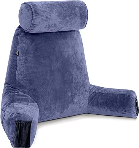 Husband Pillow Medium Reading Pillow with Arms - 23" Backrest for Sitting Up in Bed - Firm Support Bed Rest Pillow for Adults, Neck Roll, Removable Cover - TV, Reading, Lounging - Dark Blue by HusbandPillow