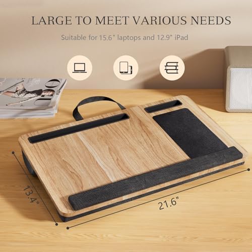 Portable Lap Desk for Laptop, Wood Lapdesk Bed Table with Handle Fits up to 15.6 inches Tray Table with Soft Pillow, Mouse Pad, Wrist Pad & iPad/Phone Slots, Laptop Stand 21.6 x 13.4in-Walnut - Image 3