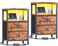 Night Stand Set 2 with Charging Station, LED Light, 2 Drawers, Rustic Brown by Furologee