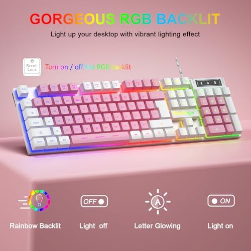 BlueFinger RGB Gaming Keyboard and Backlit Mouse Combo, USB Wired, LED Gaming Set for Laptop PC Computer Game and Work (White & Pink) - Image 2