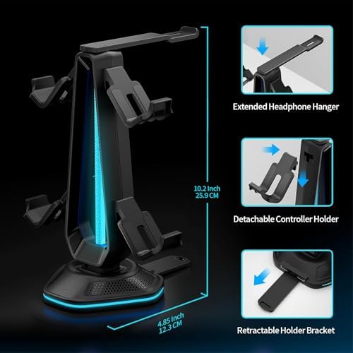 RGB Headset Stand with 9 Light Modes and 2 USB Charging Ports - Controller Holder for Desk - Headphone Stand & Detachable Controller Hook for PC Earphone Gaming Room Setup Accessories - Image 6