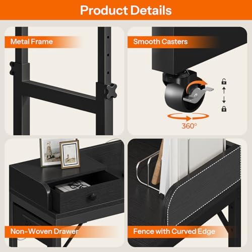 HOOBRO Overbed Table with Wheels, Rolling Table with Outlets & Light Strip for Queen Bed, Mobile Bed Desk & Drawer and Adjustable Height, Giant Computer Desk for Living Room, Black BB180UDDN01 - Image 6