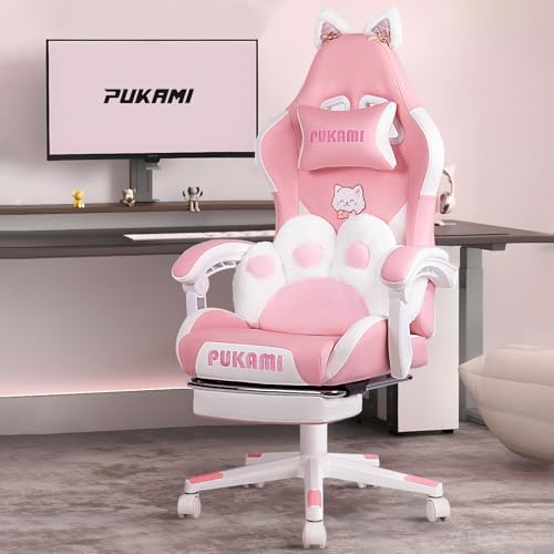 PUKAMI Pink Gaming Chair Cute with Cat Ears and Cat Paw Lumbar Cushion, Ergonomic Computer Chair for Girl with Footrest and Headrest, Comfortable Reclining PC Game Chair for Adult, Teen (Pink) by PUKAMI
