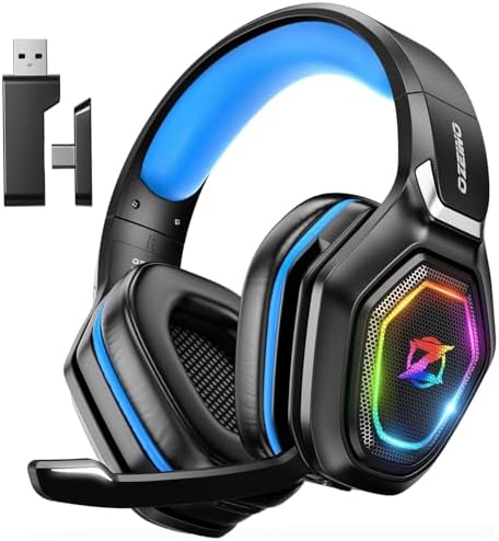 Ozeino 2.4GHz Gaming Headset Wireless with Flip Mic for Ps5, Ps4, PC, Gaming Headphones with RGB Light, 40Hr Battery Bluetooth Headset for Laptop, Mobile, Mac by Ozeino