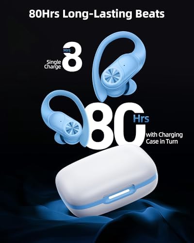 PocBuds Bluetooth Headphones Wireless Earbuds 80hrs Playtime Wireless Charging Case Digital Display Sports Ear Buds with Earhook Deep Bass IPX7 Waterproof Over-Ear Earphones for TV Phone Laptop Blue - Image 2