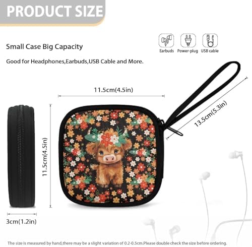 Floral Print Highland Cow Earphone Case Earbuds Small Carrying Cases Portable Headphone Organizer Storage Pouch Bag with Handle - Image 5