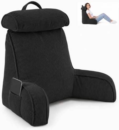 Reading Pillow for Bed with Detachable Neck Roll and Shredded Memory Foam, Back Pillow with Arms for Sitting Up, Washable Bed Rest Pillow with Side Pocket for Gaming, Sofa, Dorm - Black by Unknown