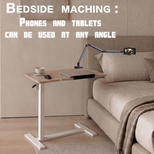 Adjustable Overbed Bedside Table with Wheels Pneumatic Mobile Standing Laptop Desk Rolling Computer Cart Movable Couch Desk Hospital Bed Table, Natural Wood - Image 6