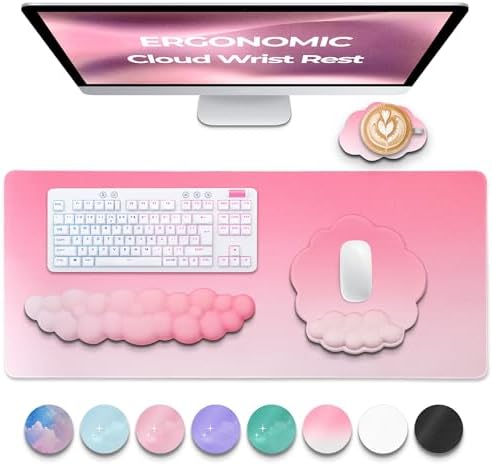 Premium Quality Cloud Wrist Rest Keyboard & Mouse Pad Set – Ergonomic Memory Foam Desk Accessories with Wrist Support for Office & Gaming – Pink Gradient by TheTrulyCharter