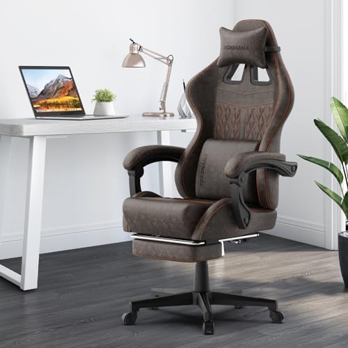 Ferghana Vintage PU Leather Gaming Chair, Ergonomic Gamer Chair with Massage, High Back Computer Office Chair with Footrest for Adults, Racing Style Reclining Video Game Chair (Brown) - Image 2