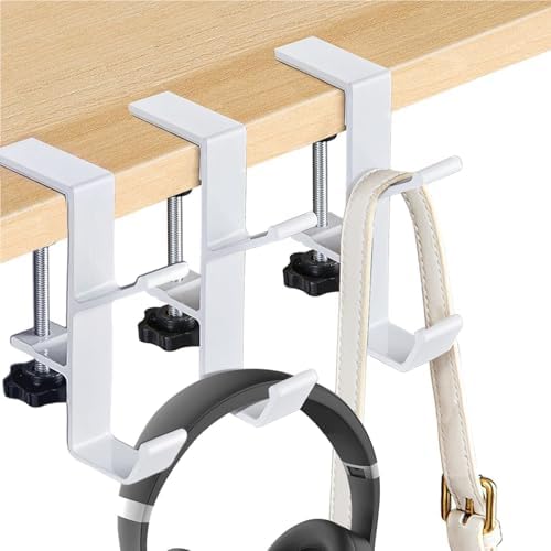 YUANQIAN Clamp-On Under Desk Headphone Holder Backpack Hook Students' Desk Hook with Adjustable Arm Clamp Women's Bag Handbag and Purse Holder -Suitable for Plate Between 1-5cm (3Pack White, 3) by YUANQIAN