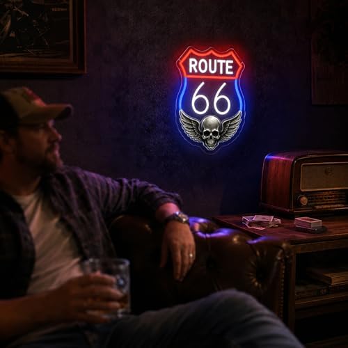 Route 66 Neon Sign Vintage LED Wall Decor Skull Wings Garage Man Cave Light - Image 3