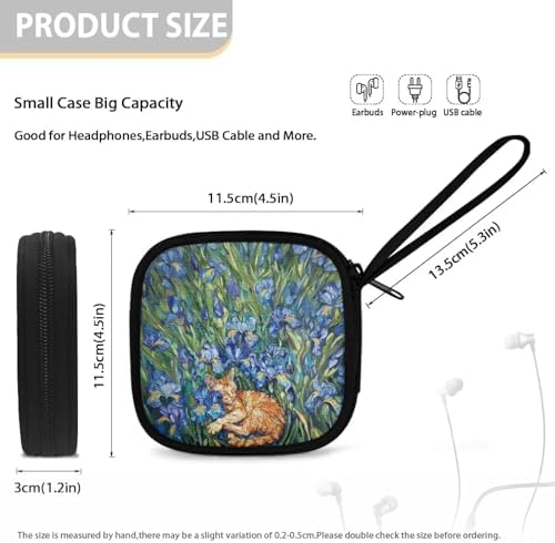 Blue Flower and Cat Portable Wireless Headphone Case, Earphone Storage Bag Carrying Case, Earbud Holder with Handle Headphone Bag Travel - Image 5