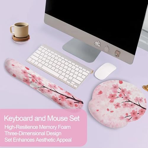 Cherry Blossom Pink Flower Mouse Pad with Wrist Rest Set, 3-in-1 Wrist Support Mousepad Set, Gaming Mat Pad with Anti-Skid Base,Ergonomic Memory Foam Mouse Pad Set for Women, Office, Typing, Gaming - Image 3