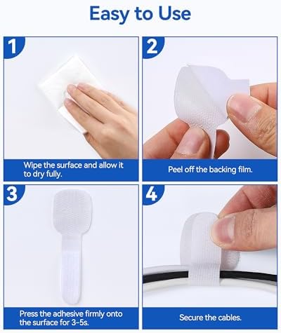 AGPTEK 80Pcs Self-Adhesive Cable Ties, Hook and Loop Cable Straps, White - Image 6
