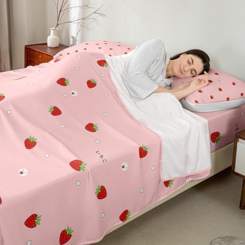 Girls Strawberry Bed Sheets Twin Kawaii Strawberry Sheet Set For Kids Room Decor Japanese Style Pink Cute Cartoon Fruit Food Theme Fitted Sheet Girly White Floral Flat Sheet With Deep Pocket - Image 4