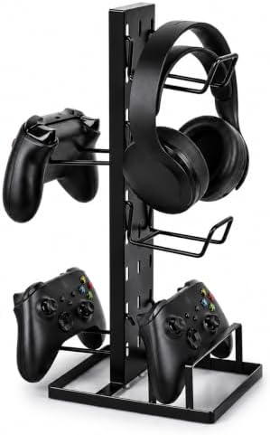 Headset Stand, Metal Controller Holder with 4 Adjustable Hooks, Black Headphone Stand for Desk, Controller Organizer Rack for Game Controllers & Gaming Accessories, Gift for Men Son Husband Boyfriend by Unknown