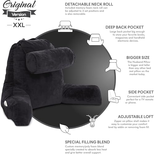Husband Pillow XXL The Original for Adults - 30" Tall Backrest for Sitting Up in Bed - Firm Support Reading & Bed Rest Pillows for Adults, Neck Roll, Removable Cover - TV - Black - Image 5