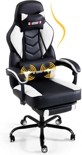 ECOTOUGE White Big and Tall Ergonomic Massage Gaming Chair with Footrest | Lumbar Support, Reclining High Back, 360° Swivel, Computer Chair, Sturdy, Comfortable, Height Adjustable, for Gaming & Office by ECOTOUGE