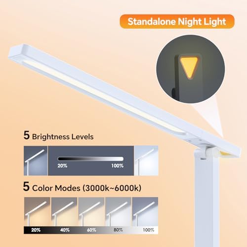 Desk Lamp with USB Charging Port: Table Lamp with Power Strip, Charging Station - 2 Outlets 1 USB-A Ports 1 Type-C Ports, Surge Protection, 5ft Extension Cord, 5 Color Modes 5 Brightness (White) - Image 4