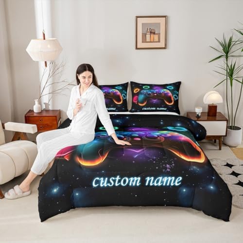 Custom Name Game Consoles Toddler Bedding Sets Gamer Gifts,Customized Gaming Comforter Sets for Boys Space Glow Geometric Kids Comforter Boys Red Green Blue Teal,Gaming Decor for Bedroom - Image 2