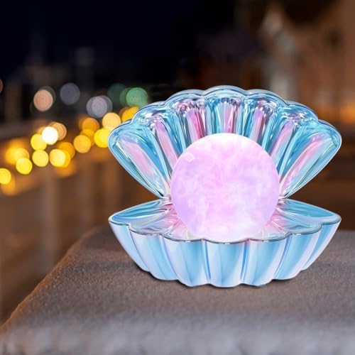 LKUA Shell Pearl Beach Themed Night Light, RGB 8 Colors Changing Mood Shell Pearl Lamps, Bedside LED Clamshell Portable Night Lights for Bar (Electroplating Blue) - Image 4