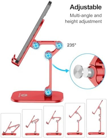 OCYCLONE Phone Stand, Adjustable Height and Angle Foldable Cell Phone Stand Holder for Desk, Taller iPhone Stand Compatible with 4.7"-13" Smartphones iPad Tablet, Red - Image 2