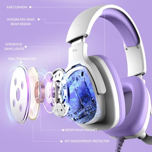 Jimonyer Gaming Headset for PS5 PS4 PC Xbox Series X|S Switch, 7.1 Stereo Surround Sound Over Ear Headphones with Noise Canceling Mic, RGB LED Light, Soft Memory Earmuffs for Gaming or Work, Purple - Image 3
