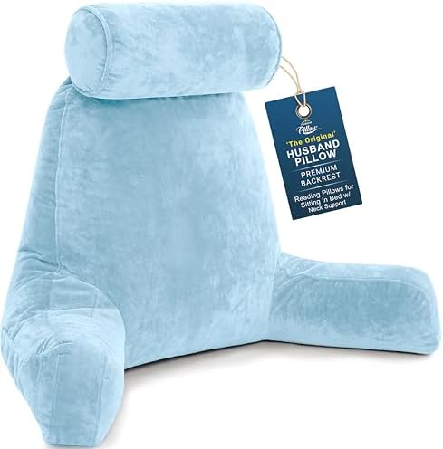 Husband Pillow XXL The Original for Adults - 30" Tall Backrest for Sitting Up in Bed - Firm Support Reading & Bed Rest Pillows for Adults, Neck Roll, Removable Cover - TV - Sky Blue by HusbandPillow