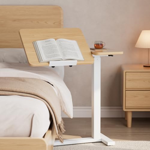 Solid Wood Overbed Bedside Table with Wheels, Tilting Adjustable Hospital Bed Table Over The Bed, Medical Mobile Laptop Stand, Rolling Standing Desk for Hospital and Home Use(Natural) by Dongmuwujee