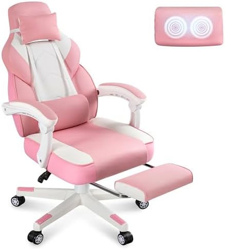 Gaming Chair for Adults, Video Game Chair with Footrest, Big and Tall Gaming Chair Heavy Duty Computer Chair with Massage Lumbar, Ergonomic Adjustable Height and 360° Swivel Seat, PU Leather, Pink by Meilocar