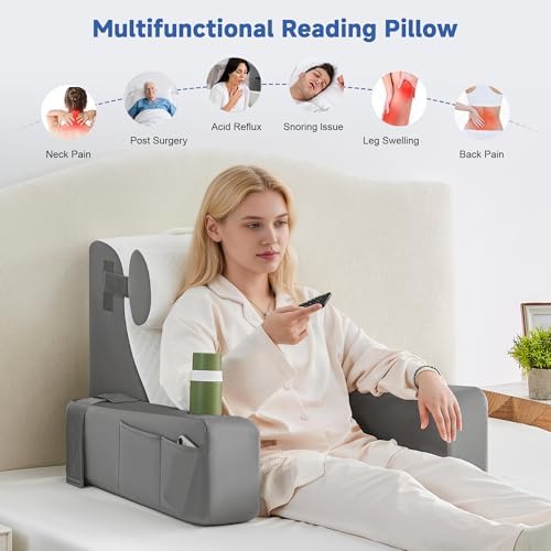 Reading Pillow for Bed, Back Pillow for Bed Sitting Up, Bed Pillows for Sitting Up with Adjustable Armrests, Cup Holder & Large Pocket, Backrest Cushion for Reading, Watching TV (WhiteGray, 4PCS) - Image 4