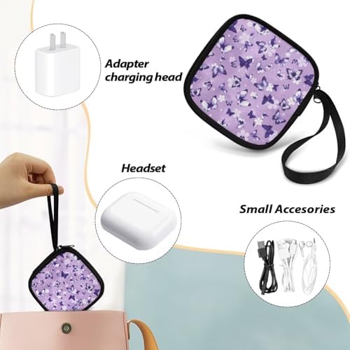 Purple Butterfly Floral Headphones Carrying Case, Protective Shell Travel Bag for Cable, Charger Storage for Earphone, Earbud, Earpieces - Image 6