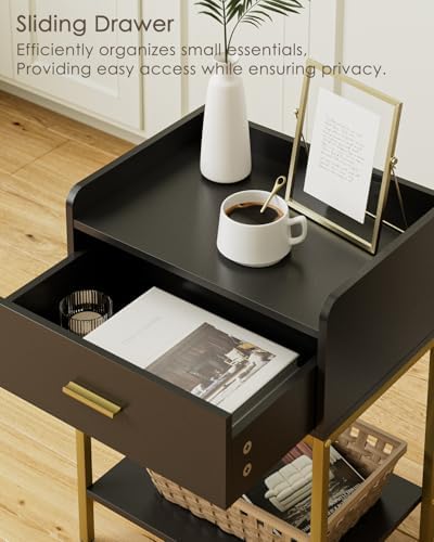 Masupu Nightstand,Bedside Table 3-Tier Modern Night Stand with Storage Drawer and Shelf,Small End Side Table for Bedroom,Living Room,Black (Without Outlet, Black) - Image 4