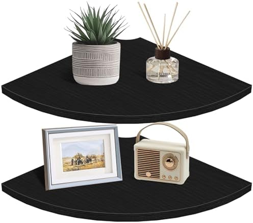 Homode Corner Floating Shelves, 12" Deep Corner Shelves Wall Mounted with Cord Hole, 2 Tier Curved Corner Hanging Shelving for Wall Storage, for Cable Box, TV Cords, Books, Plants, Black by Homode