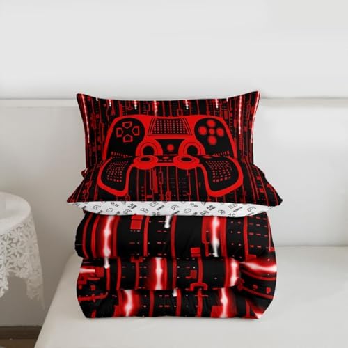Feelyou Kids Boys Red Gamer Bedding Set Full Size, Light 3D Gaming Comforter Gamer Comforter Set for Gamepad Duvet Set Modern Game with 2 Pillow Case Room Decor Quilt Set Bedding Collection - Image 3