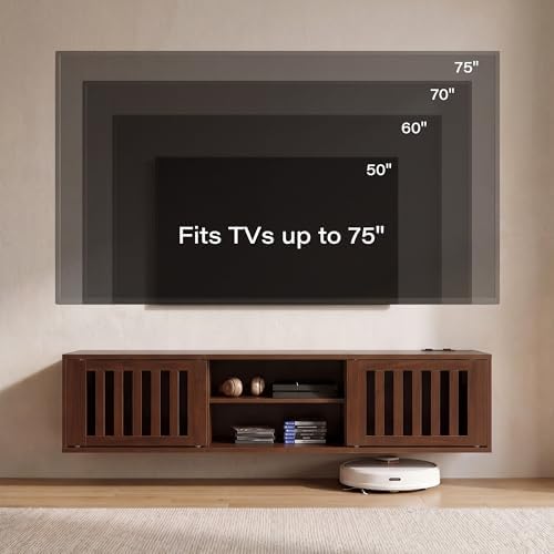 59" Floating TV Stand Wall Mounted with Power Outlet, Walnut - Image 3