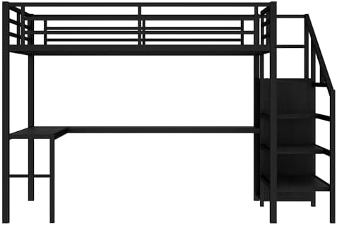 Full Size Loft Bed with Desk and Storage Stairs, Metal Loft Bed Frame with Multi-color LED Lights, Charging Station, and Hanging Rod, Heavy-duty Loftbed for Kids, Teens, Adults, Noise-free, Black - Image 4