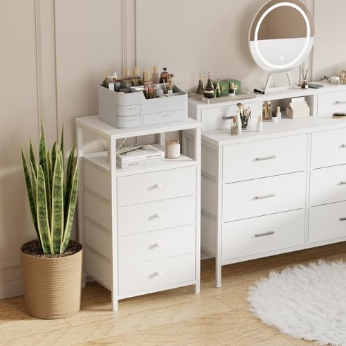 BOLUO Tall Night Stand with Drawers, White Nightstand with Charging Station and LED Light, Small White 4 Drawer Dresser for Bedroom, Room Storage Closet - Image 2
