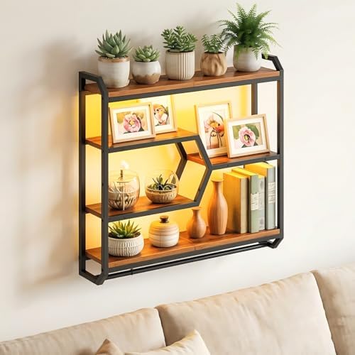 HOOBRO 27.5" Floating Shelf with LED Lights, Gaming LED Wall Mounted Shelf with Hanging Rod & 4 S-Hooks, 4-Tier Hanging Display Rack, for Living Room, Gaming Room, Rustic Brown and Black BF71DBJ01 - Image 7
