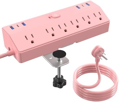 Pink Desk Clamp Power Strip 6FT with 40W USB C Ports, JXGUCAT Flat Plug Desk Mount Power Strip Surge Protector, Removable Extension Cord with 2 USB-C Ports 6 Outlets, Fits 1.8" Tabletop Edge by JXGUCATpowerstrip
