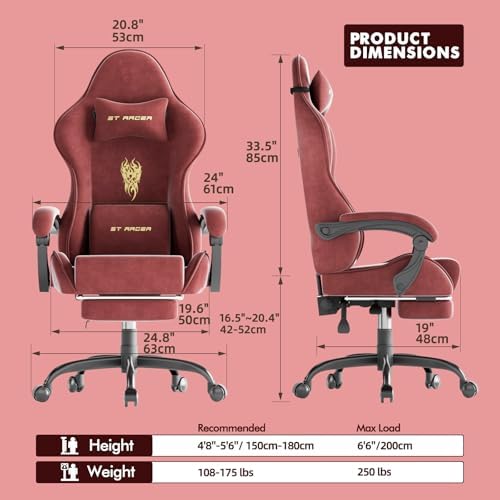 Ferghana Velvet Fabric Gaming Chair, High Back Ergonomic Gamer Chair for Adult, Comfortable Video Game Chair with Footrest and Massage Lumbar Cushion, Racing Reclining Office Computer Desk Chair Red - Image 3